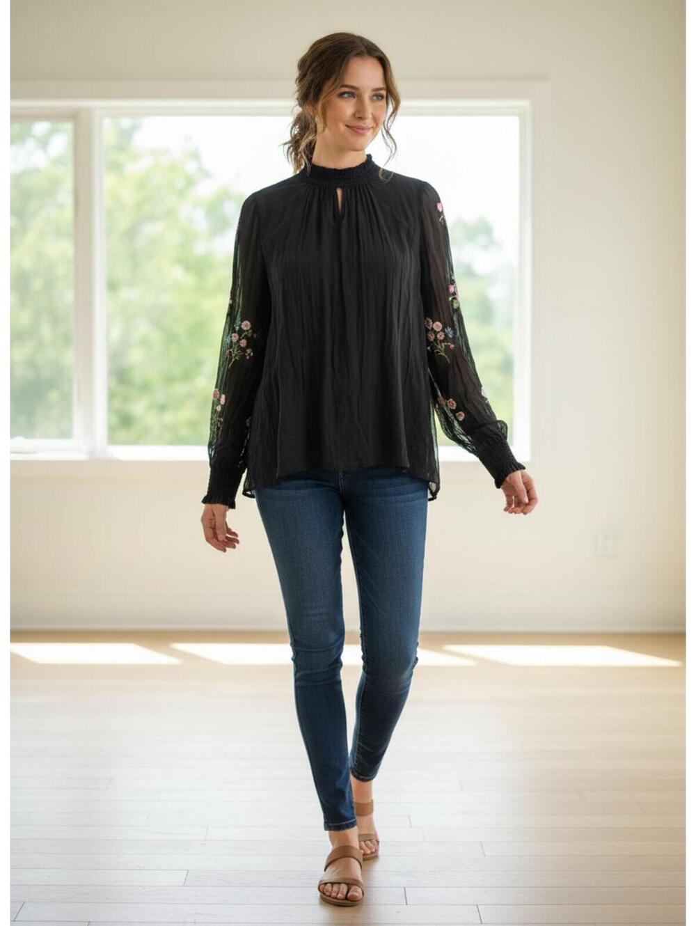Sundance Black Long Sleeve Sheer‎ Embroidered Blouse Size L